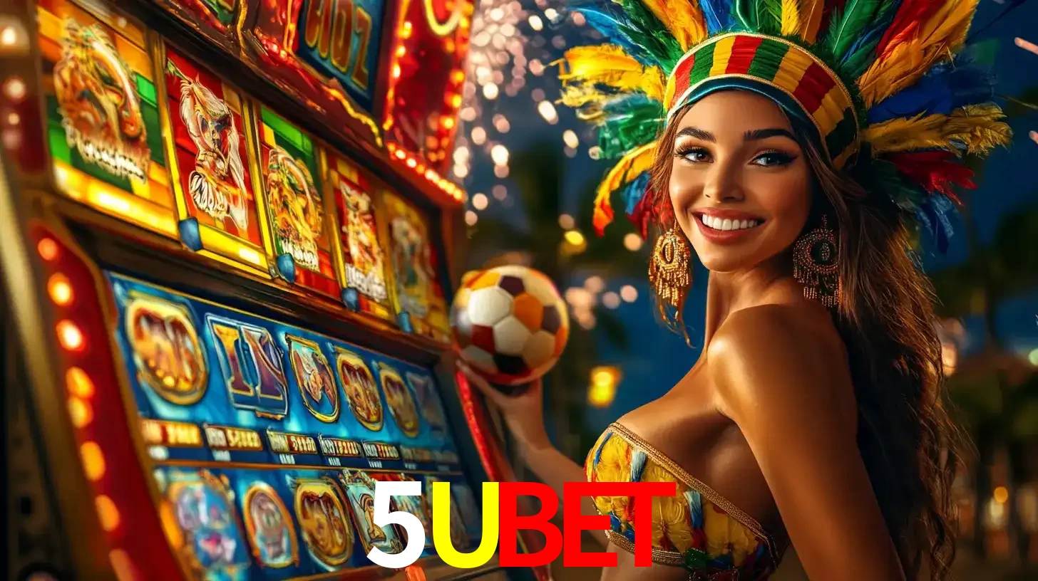 Mulher com um cocar de carnaval ao lado de uma máquina de caça-níqueis enquanto segura uma bola de futebol, mostrando a união da diversão de cassino e esportes no 5UBET.