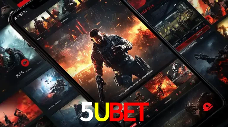 Tela de um celular exibindo uma galeria de jogos de tiro com temática militar, mostrando a variedade de e-sports disponíveis para apostas na plataforma de entretenimento 5UBET.