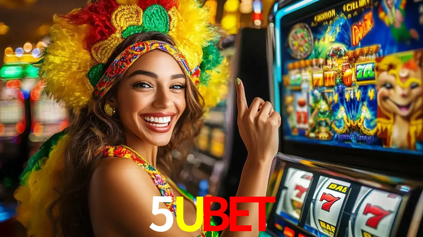Mulher animada com um cocar de carnaval apontando para uma máquina de caça-níqueis, mostrando a emoção de ganhar um grande prêmio nos jogos do 5UBET.