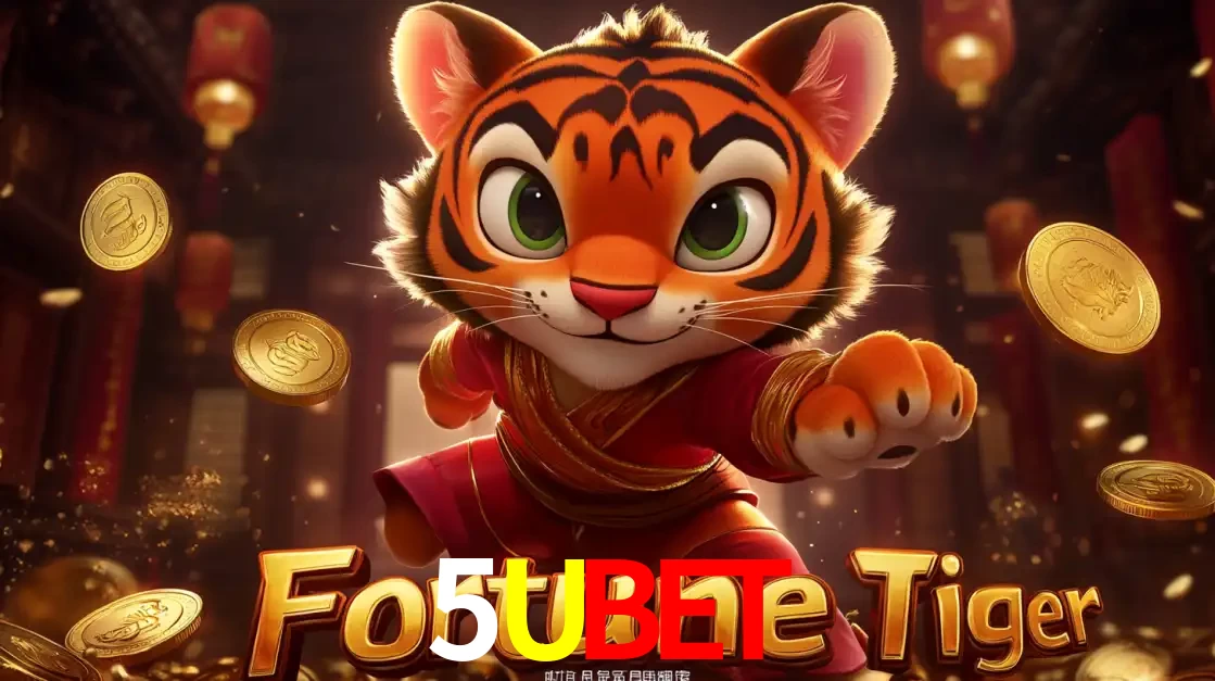 O carismático mascote do jogo de slot Fortune Tiger, um tigre fofo em pose de artes marciais, pronto para trazer sorte e multiplicadores de ganhos no cassino online 5UBET.