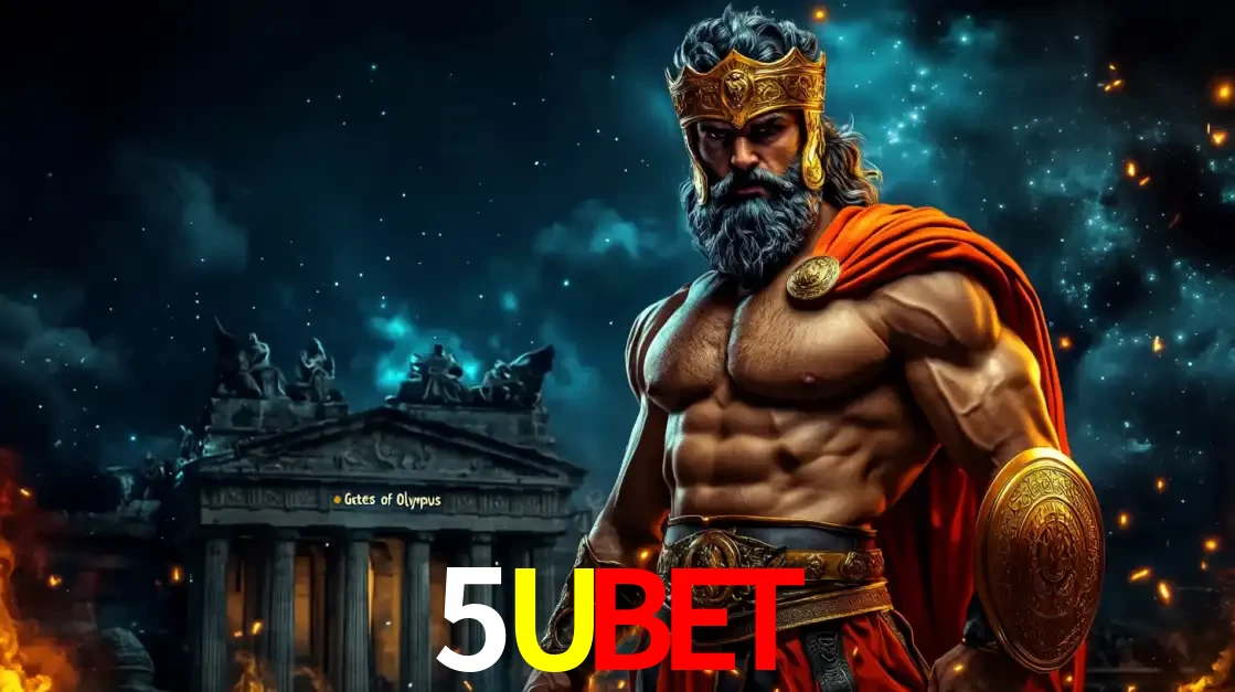 O poderoso Zeus do jogo de slot Gates of Olympus em frente ao seu templo, pronto para lançar multiplicadores divinos e prêmios épicos no cassino online 5UBET.