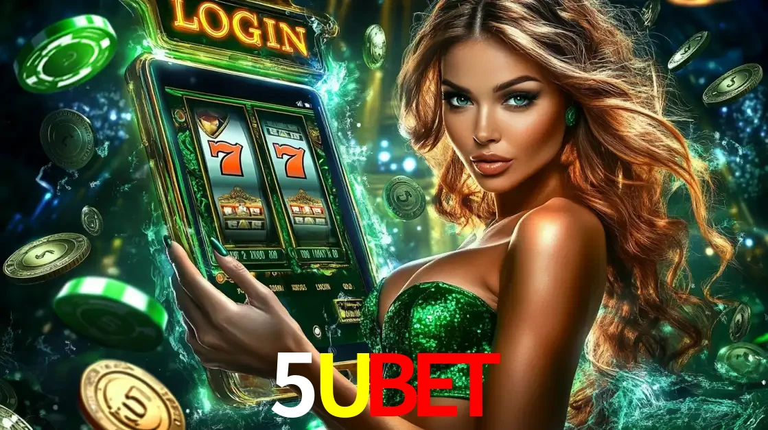 Mulher com tema verde apresentando o aplicativo do cassino 5UBET com um jogo de slot de 777, cercada por fichas de cassino e uma aura de sorte.