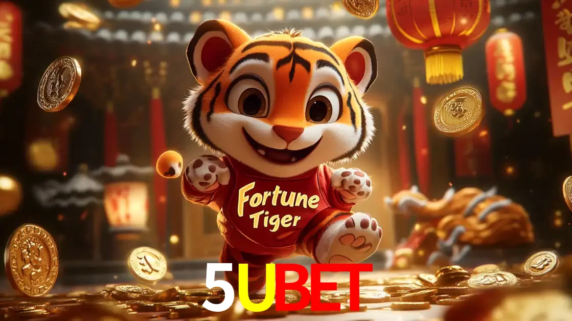 O alegre personagem do Fortune Tiger correndo sobre um caminho de moedas de ouro, simbolizando os grandes prêmios e a diversão do popular jogo de slot do 5UBET.