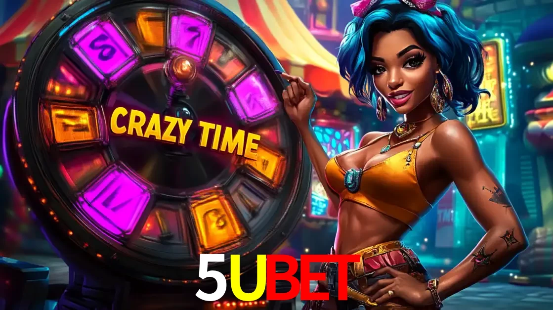 Mulher estilizada com cabelo azul e visual vibrante posando ao lado da roda de prêmios do game show Crazy Time, convidando para a diversão e os bônus do cassino 5UBET.