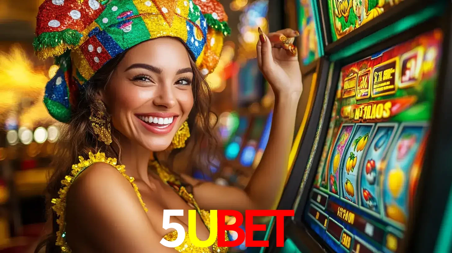 Mulher feliz com traje de carnaval amarelo e colorido ao lado de uma máquina de caça-níqueis, aproveitando a diversão e os jogos temáticos do cassino 5UBET.